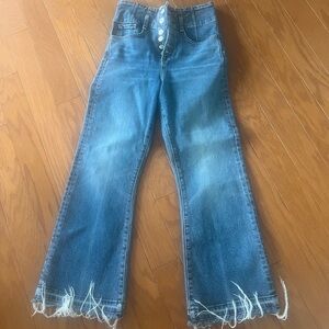 Veronica Beard Blue Flare Jeans with Frayed Hem